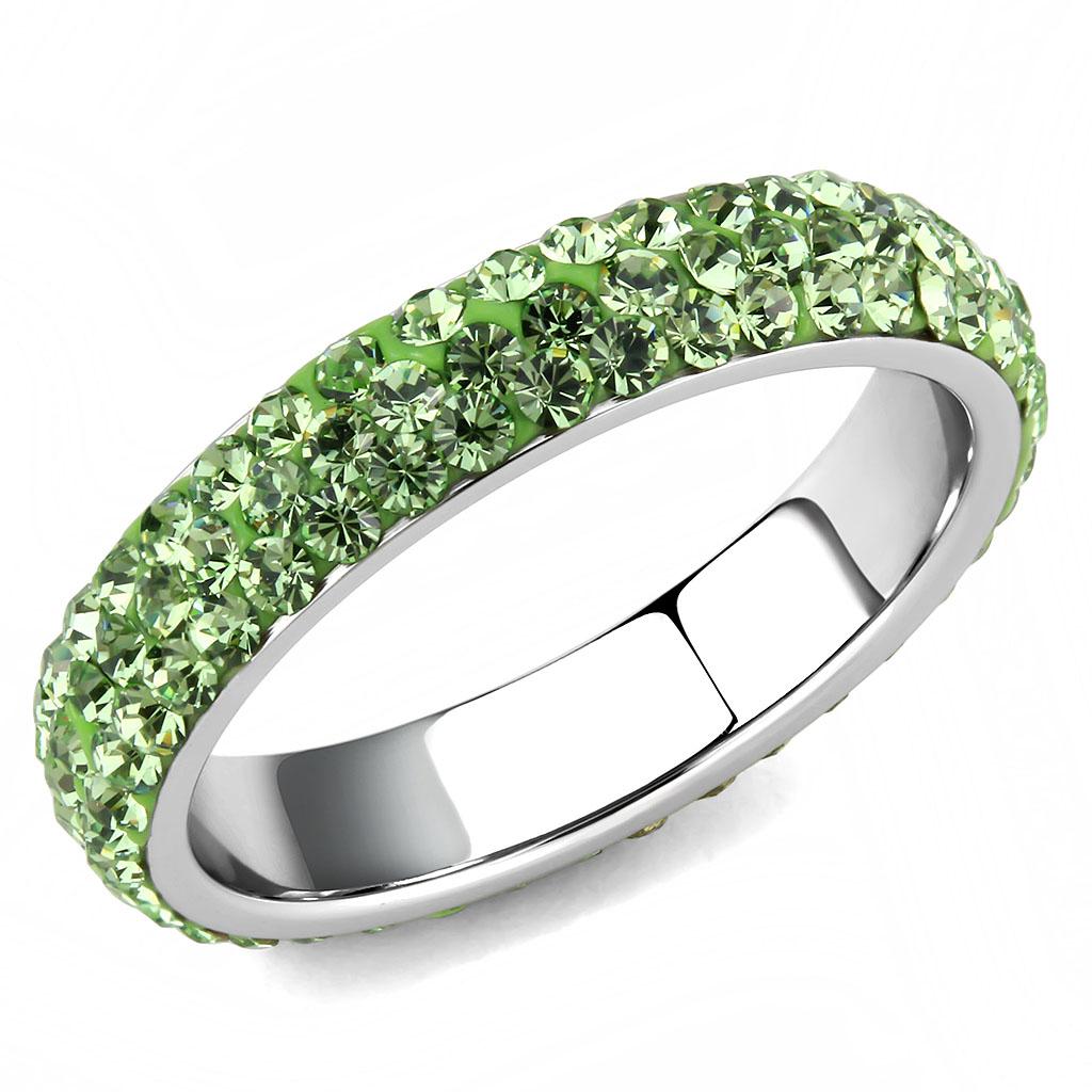 JCE3537 High polished (no plating) Stainless Steel Ring with Top Grade Crystal in Peridot