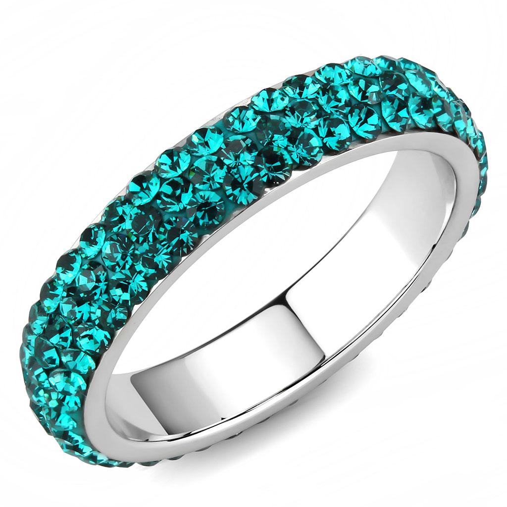 JCE3538 High polished (no plating) Stainless Steel Ring with Top Grade Crystal in Blue Zircon