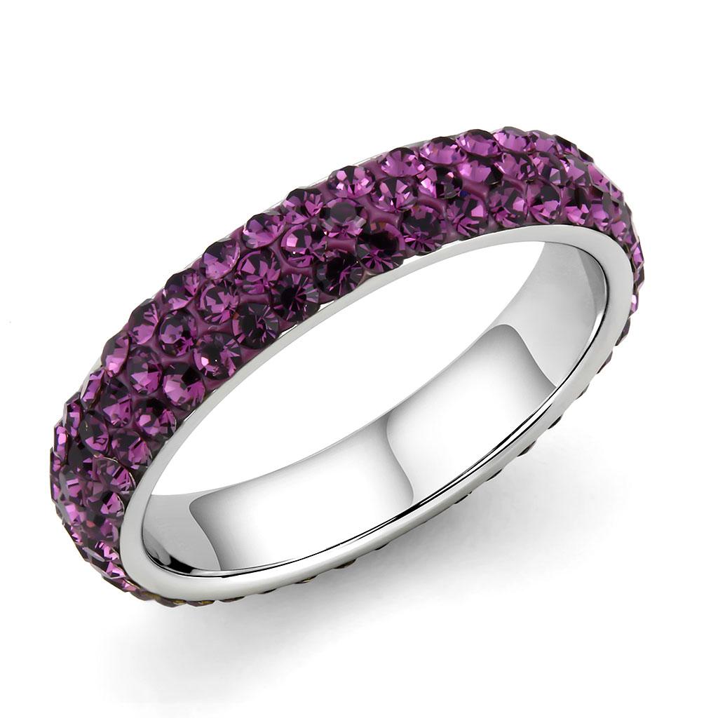 JCE3541 High polished (no plating) Stainless Steel Ring with Top Grade Crystal in Amethyst