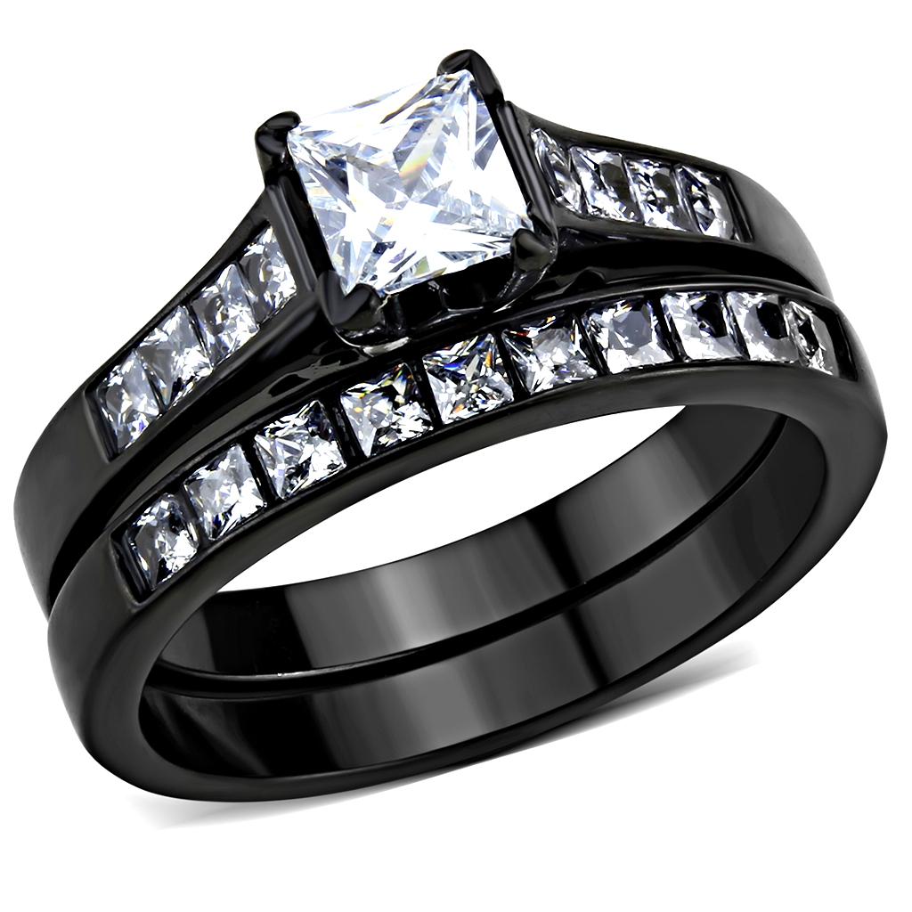 JCE3555 IP Black(Ion Plating) Stainless Steel Ring with AAA Grade CZ in Clear