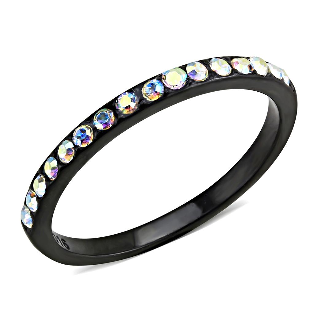 JCE3556 IP Black(Ion Plating) Stainless Steel Ring with Top Grade Crystal in Aurora Borealis (Rainbow Effect)
