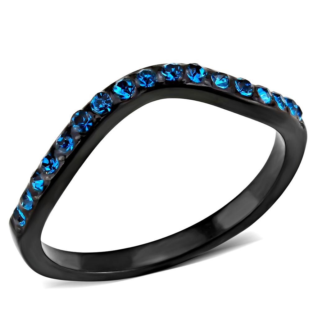 JCE3557 IP Black(Ion Plating) Stainless Steel Ring with Top Grade Crystal in Blue Zircon
