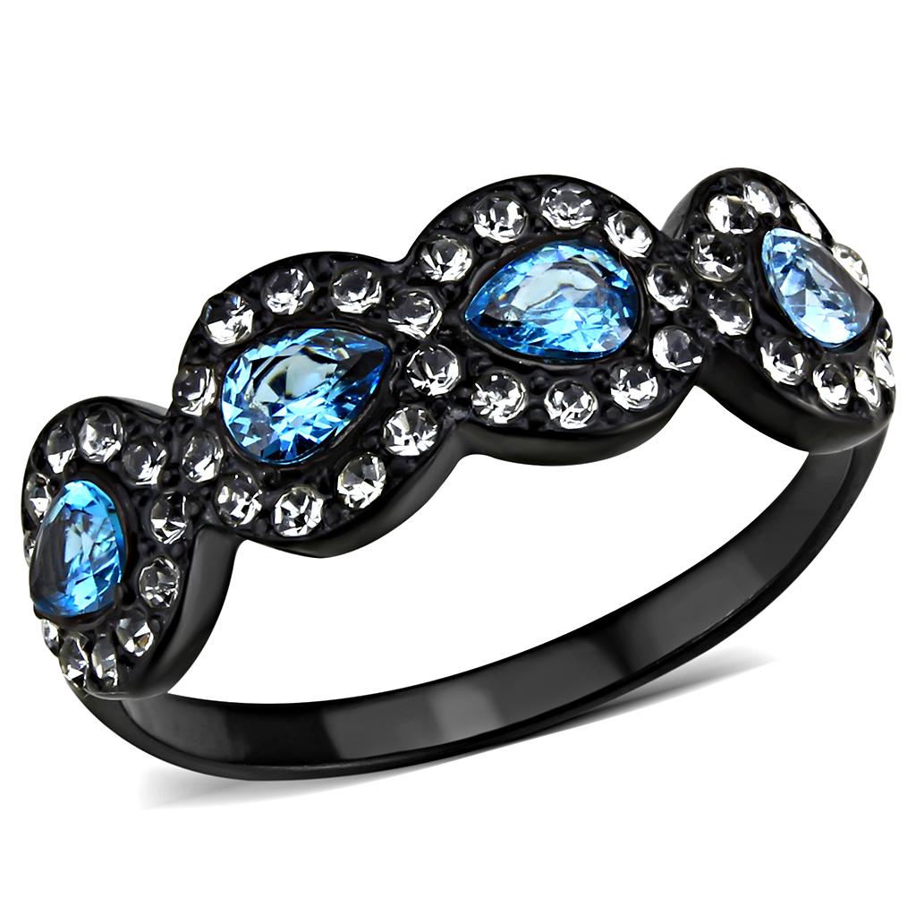 JCE3559 IP Black(Ion Plating) Stainless Steel Ring with AAA Grade CZ in Sea Blue