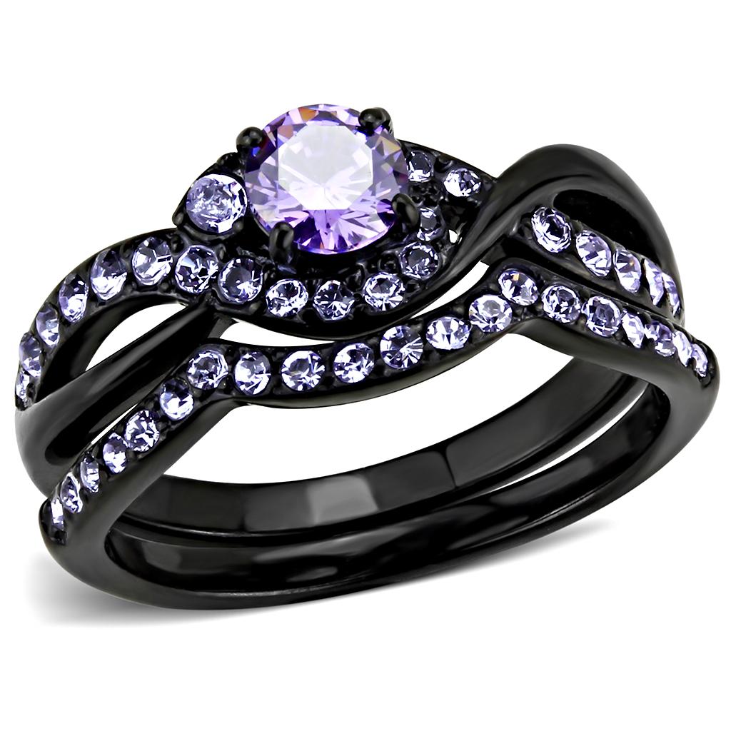 JCE3560 IP Black(Ion Plating) Stainless Steel Ring with AAA Grade CZ in Amethyst