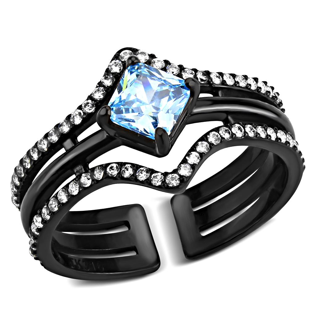 JCE3562 IP Black(Ion Plating) Stainless Steel Ring with AAA Grade CZ in Sea Blue