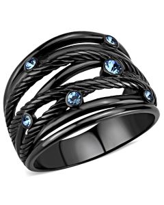 JCE3564 IP Black(Ion Plating) Stainless Steel Ring with Top Grade Crystal in Sea Blue