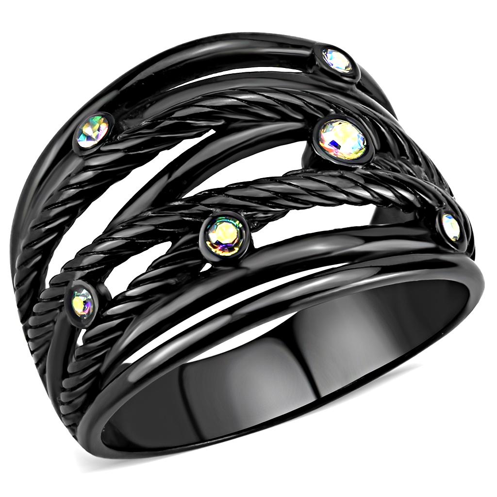 JCE3566 IP Black(Ion Plating) Stainless Steel Ring with Top Grade Crystal in Aurora Borealis (Rainbow Effect)