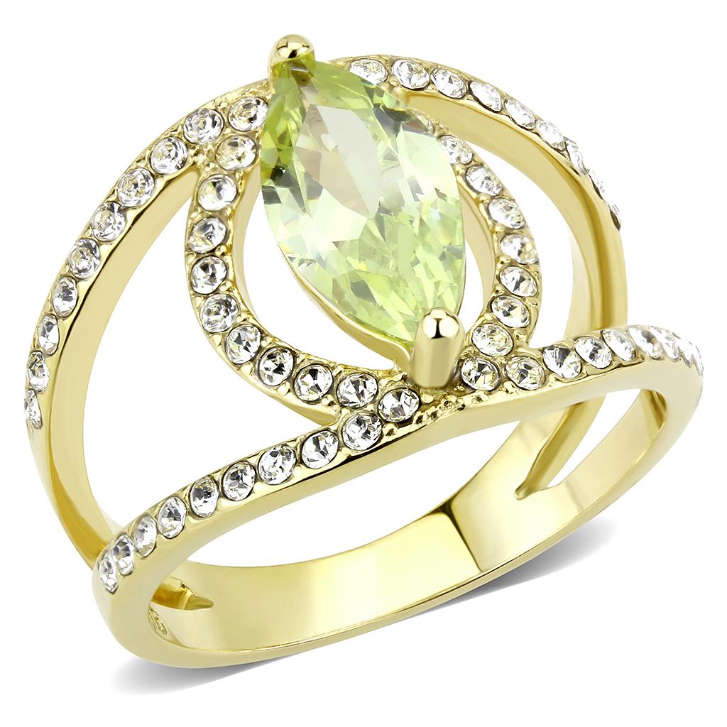 JCE3578 IP Gold(Ion Plating) Stainless Steel Ring with AAA Grade CZ in Apple Green color