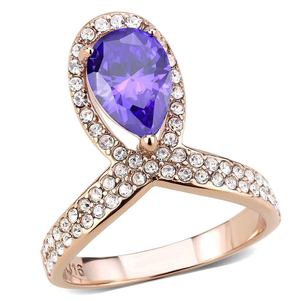 JCE3589 IP Rose Gold(Ion Plating) Stainless Steel Ring with AAA Grade CZ in Tanzanite
