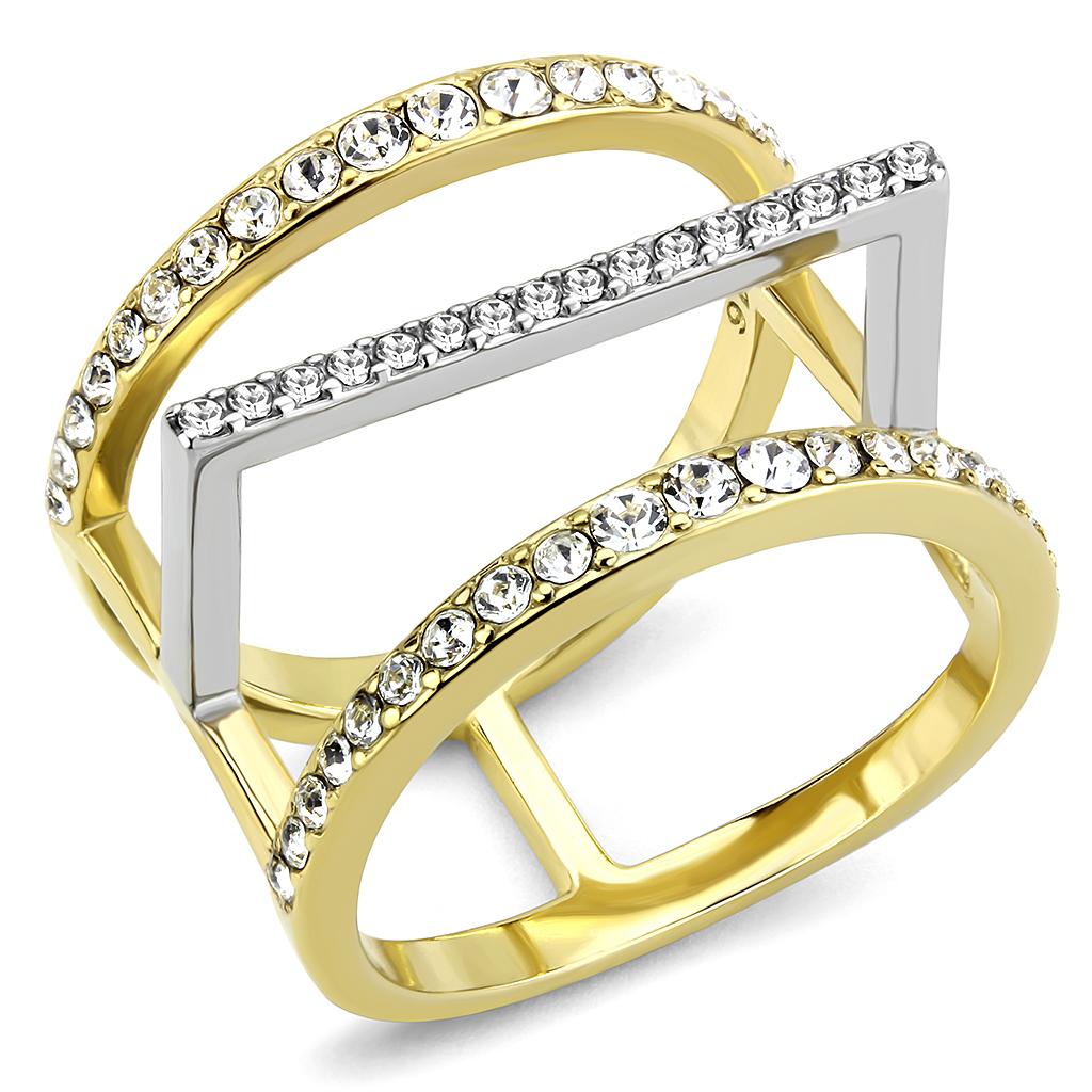 JCE3593 Two-Tone IP Gold (Ion Plating) Stainless Steel Ring with Top Grade Crystal in Clear