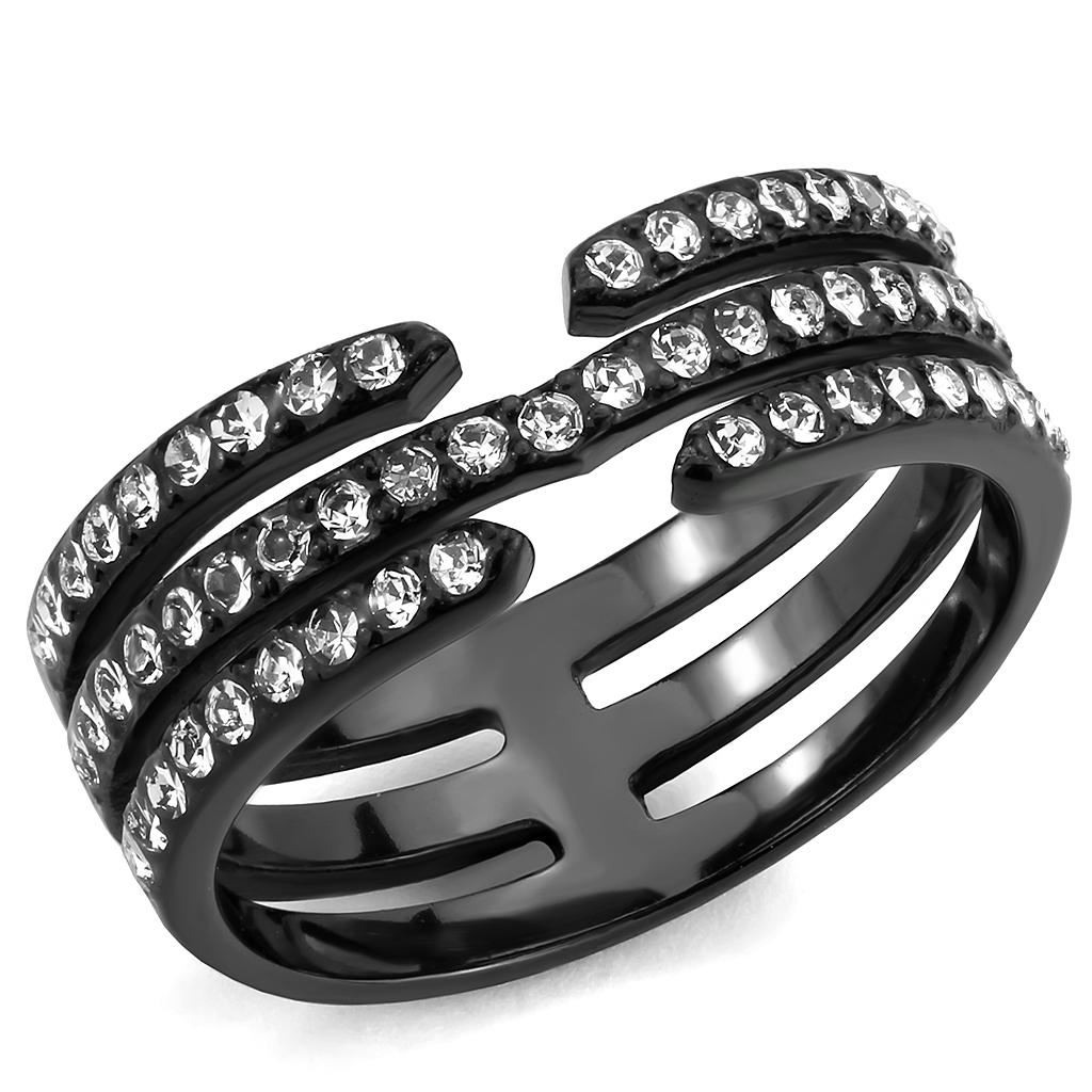 JCE3594 IP Black(Ion Plating) Stainless Steel Ring with Top Grade Crystal in Clear