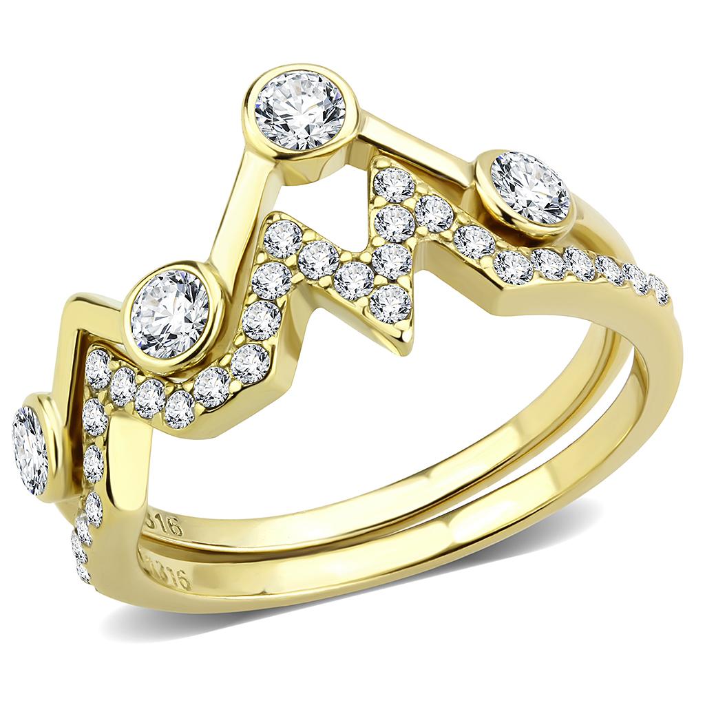 JCE3596 IP Gold(Ion Plating) Stainless Steel Ring with AAA Grade CZ in Clear