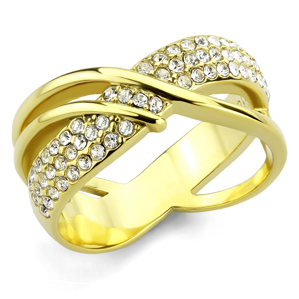 JCE3632 IP Gold(Ion Plating) Stainless Steel Ring with Top Grade Crystal in Clear