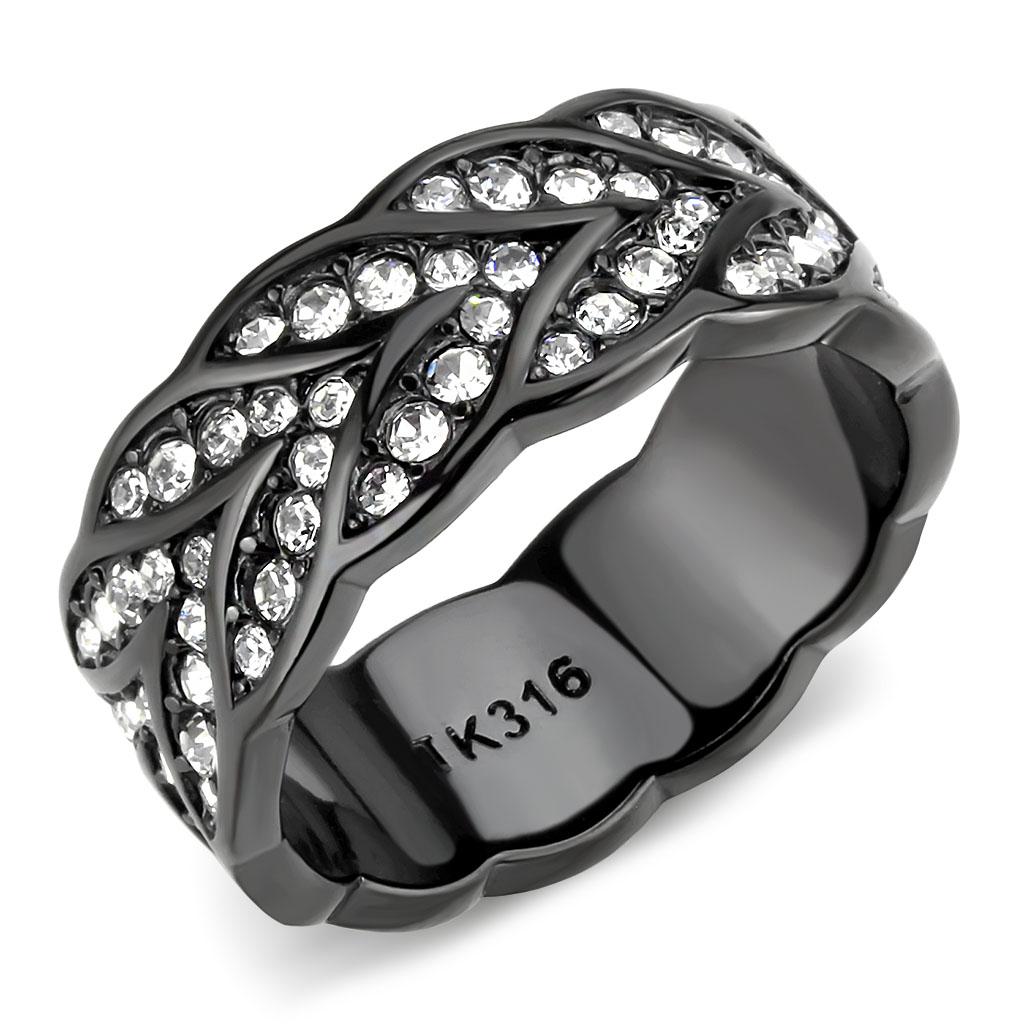 JCE3691 IP Black(Ion Plating) Stainless Steel Ring with Top Grade Crystal in Clear