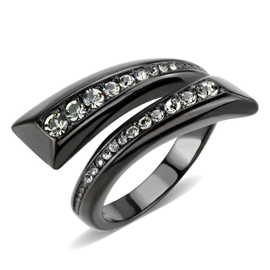 JCE3692 IP Black(Ion Plating) Stainless Steel Ring with Top Grade Crystal in Black Diamond