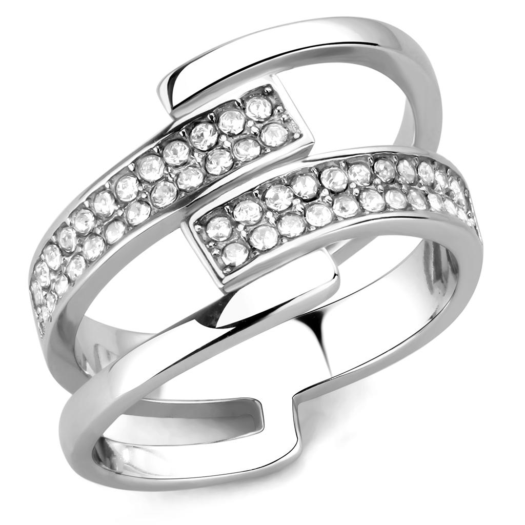 JCE3702 High polished (no plating) Stainless Steel Ring with Top Grade Crystal in Clear