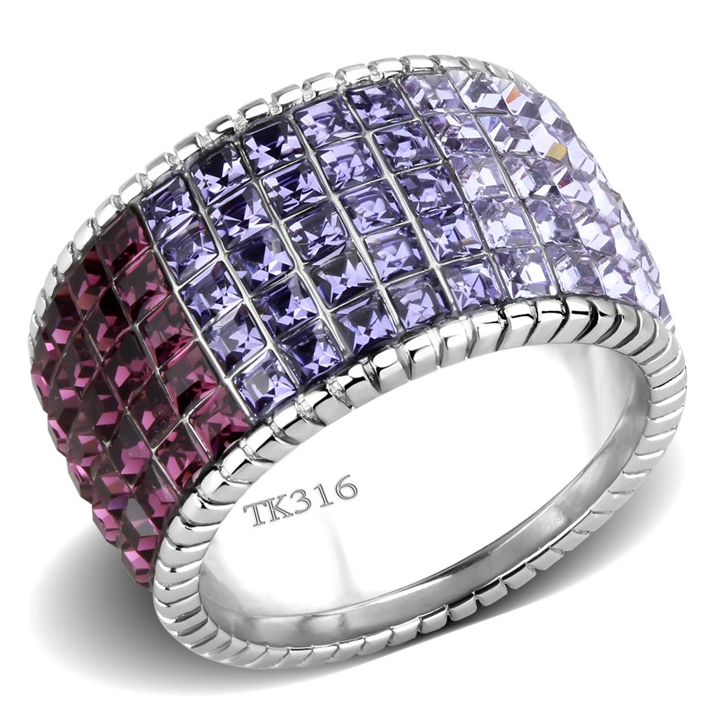 JCE3703 High polished (no plating) Stainless Steel Ring with Top Grade Crystal in Multi Color