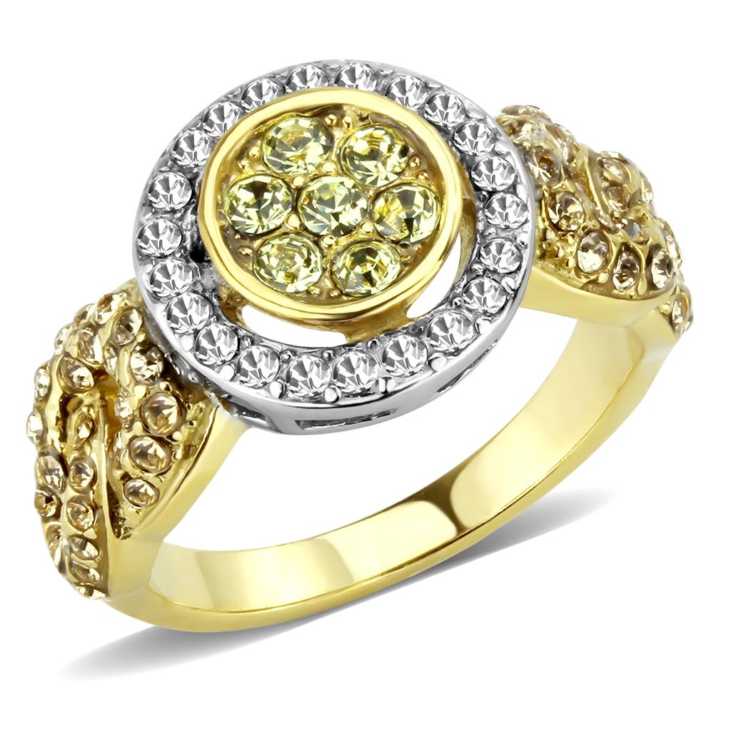 JCE3704 Two-Tone IP Gold (Ion Plating) Stainless Steel Ring with Top Grade Crystal in Multi Color