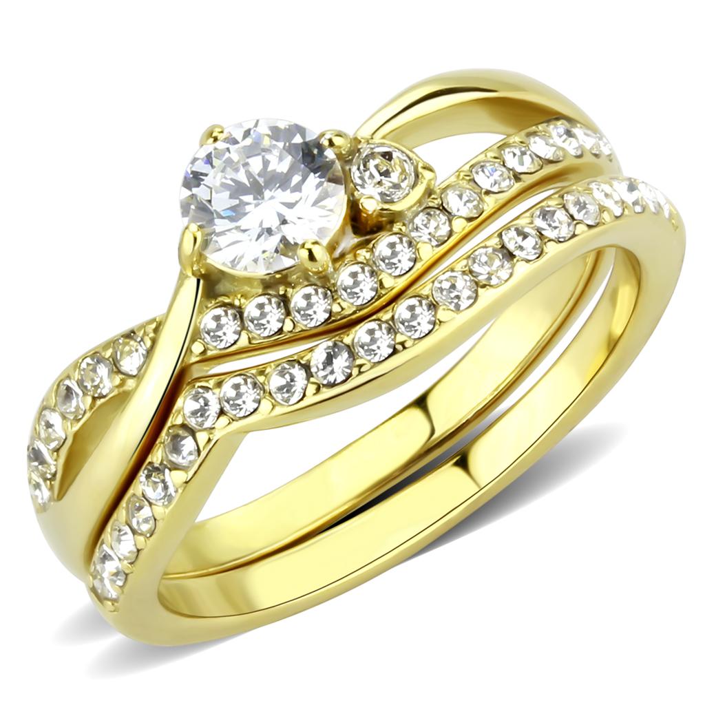 JCE3708 IP Gold(Ion Plating) Stainless Steel Ring with AAA Grade CZ in Clear