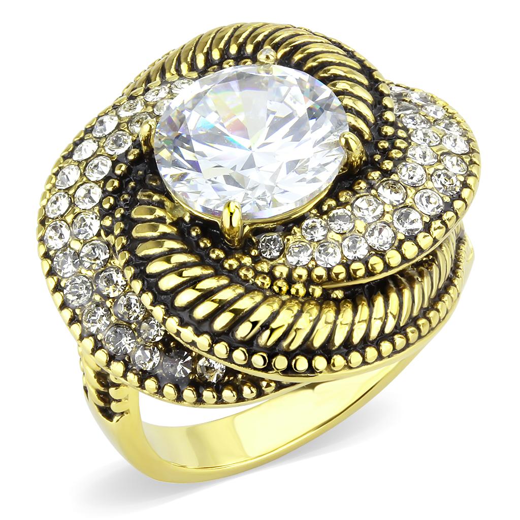 JCE3714 IP Gold(Ion Plating) Stainless Steel Ring with AAA Grade CZ in Clear