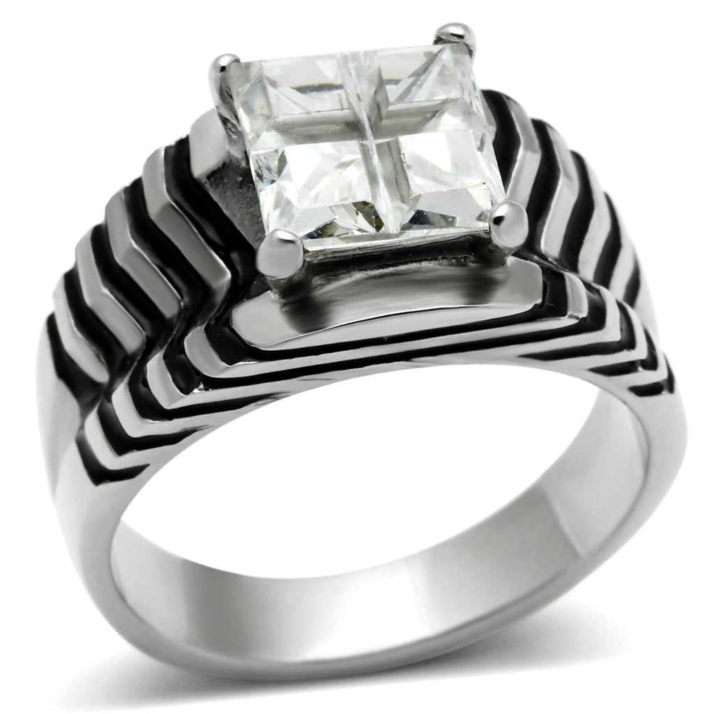 JCE393 High polished (no plating) Stainless Steel Ring with AAA Grade CZ in Clear