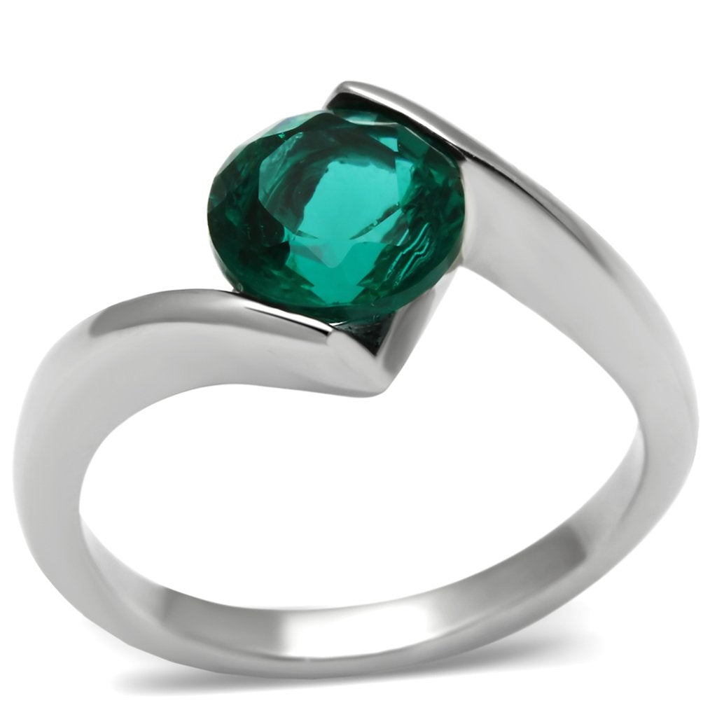 JCE523 High polished (no plating) Stainless Steel Ring with Synthetic Synthetic Glass in Blue Zircon