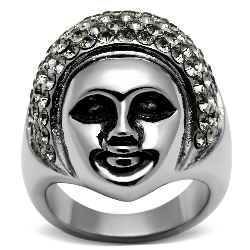 JCE668 High polished (no plating) Stainless Steel Ring with Top Grade Crystal in Black Diamond