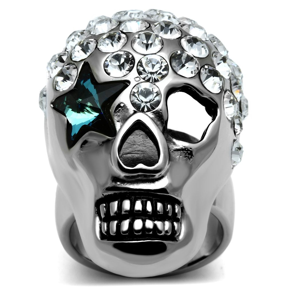 JCE669 High polished (no plating) Stainless Steel Ring with Top Grade Crystal in Capri Blue