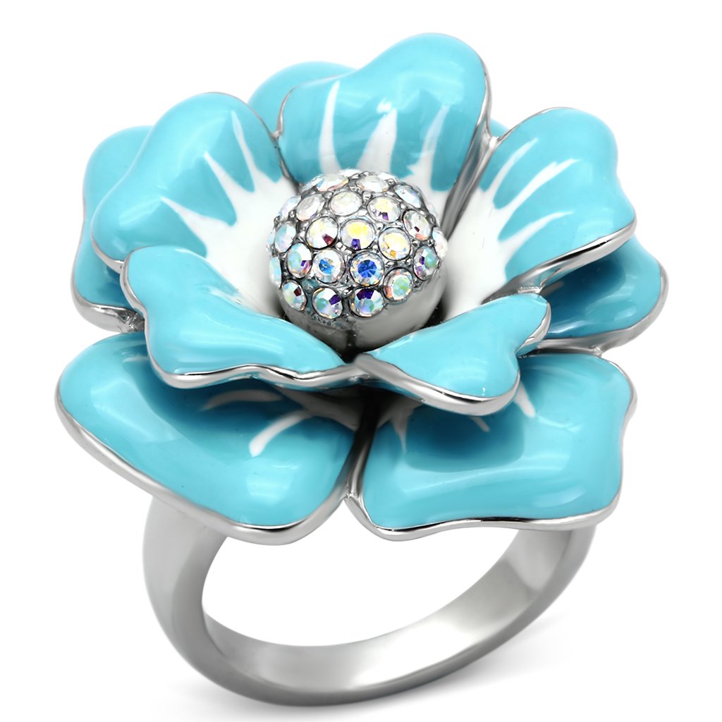 JCE817 High polished (no plating) Stainless Steel Ring with Top Grade Crystal in Aurora Borealis (Rainbow Effect)