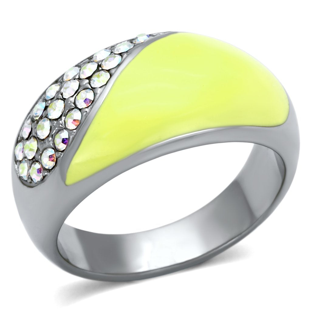 JCE829 High polished (no plating) Stainless Steel Ring with Top Grade Crystal in Aurora Borealis (Rainbow Effect)
