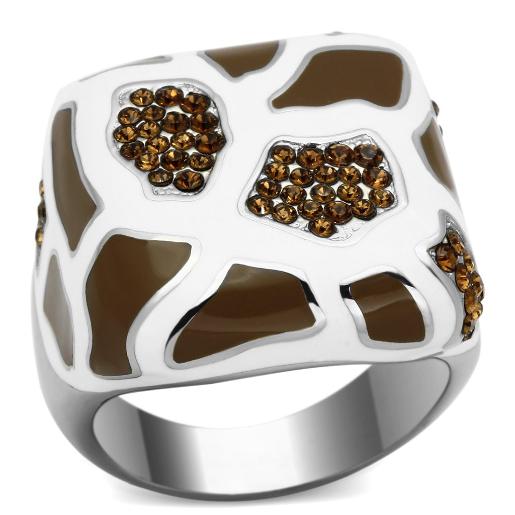 JCE847 High polished (no plating) Stainless Steel Ring with Top Grade Crystal in Smoked Quartz