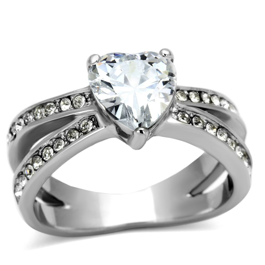 JCE851 High polished (no plating) Stainless Steel Ring with AAA Grade CZ in Clear