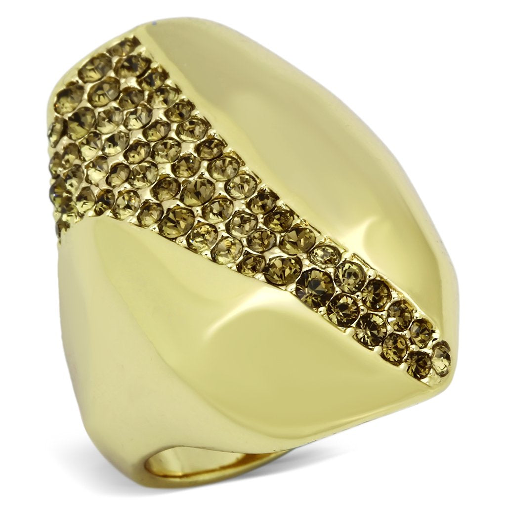 JCE854 IP Gold(Ion Plating) Stainless Steel Ring with Top Grade Crystal in Smoked Quartz