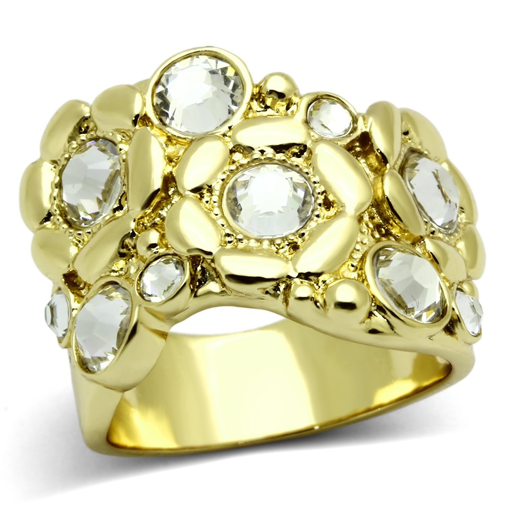 JCE856 IP Gold(Ion Plating) Stainless Steel Ring with Top Grade Crystal in Clear