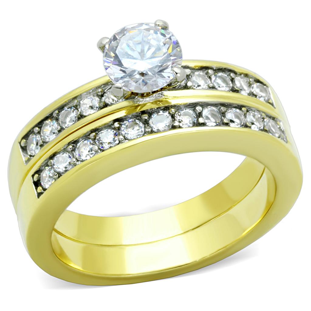 JCE8X003 Two-Tone IP Gold (Ion Plating) Stainless Steel Ring with AAA Grade CZ in Clear