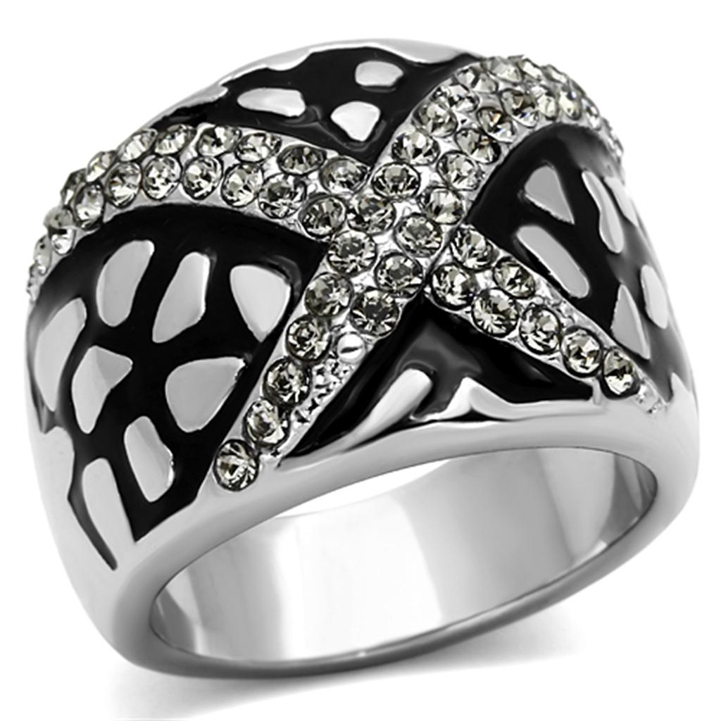 JCE921 High polished (no plating) Stainless Steel Ring with Top Grade Crystal in Black Diamond
