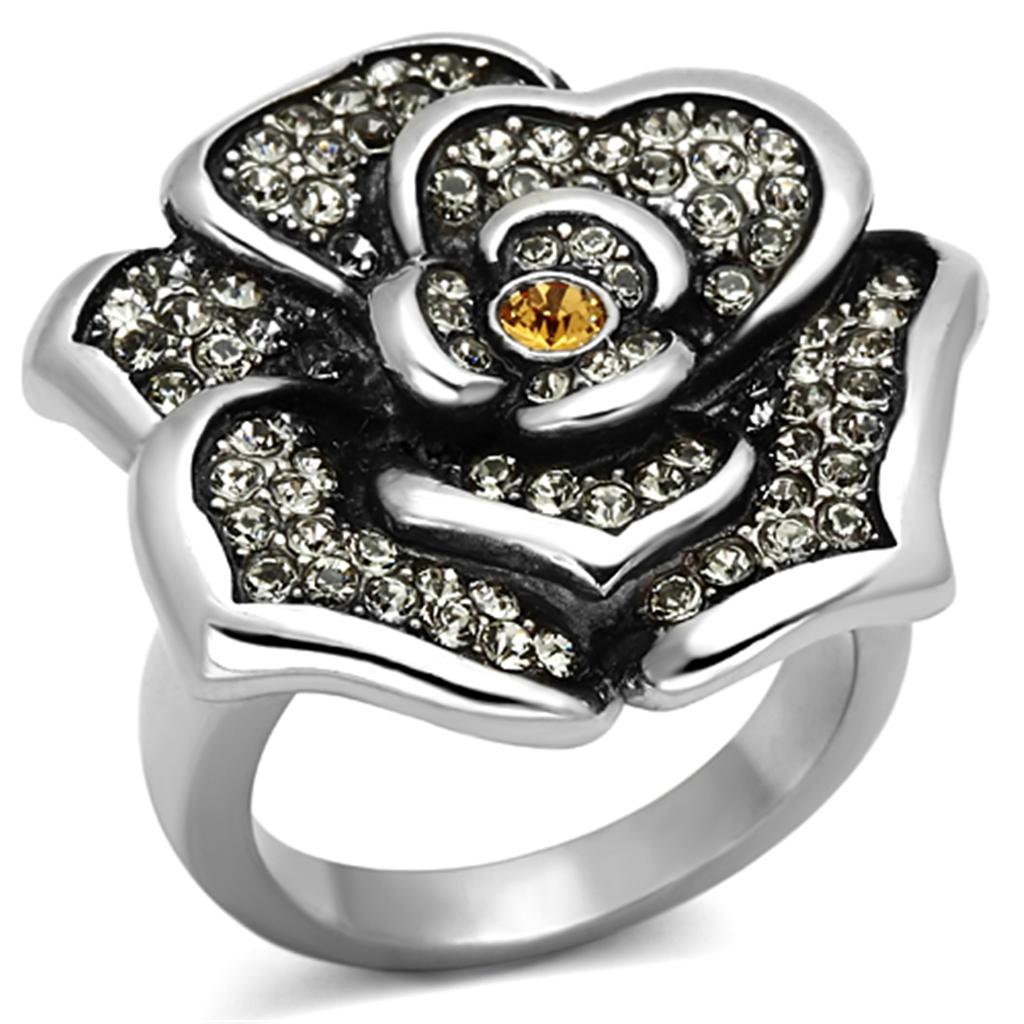 JCE924 High polished (no plating) Stainless Steel Ring with Top Grade Crystal in Topaz