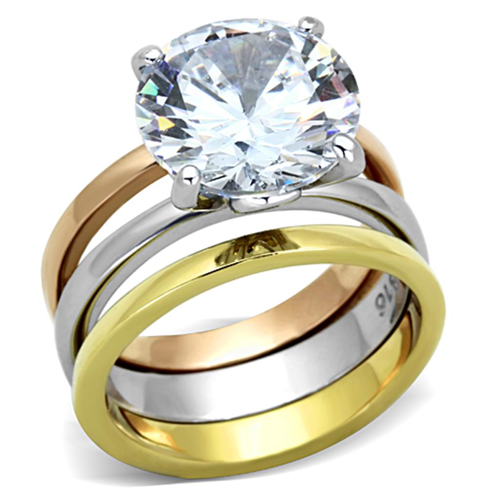 JCE963 Three Tone IP+»-+-åIP Gold & IP Rose Gold & High Polished) Stainless Steel Ring with AAA Grade CZ in Clear