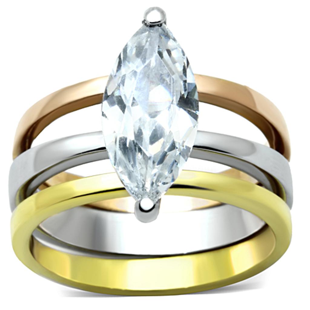 JCE964 Three Tone IP+»-+-åIP Gold & IP Rose Gold & High Polished) Stainless Steel Ring with AAA Grade CZ in Clear