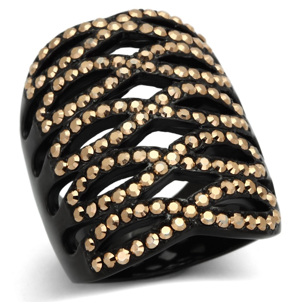 JCE979 IP Black(Ion Plating) Stainless Steel Ring with Top Grade Crystal in Metallic Light Gold