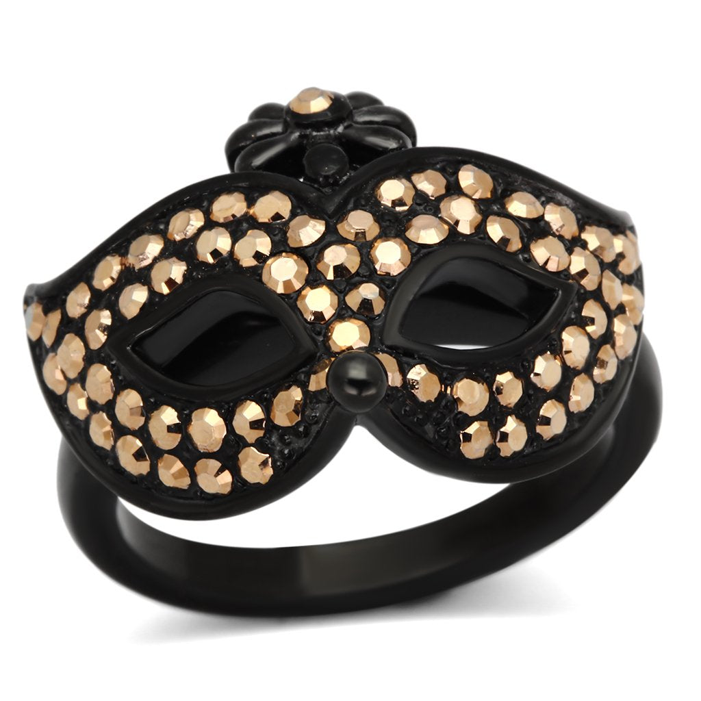 JCE981 IP Black(Ion Plating) Stainless Steel Ring with Top Grade Crystal in Metallic Light Gold
