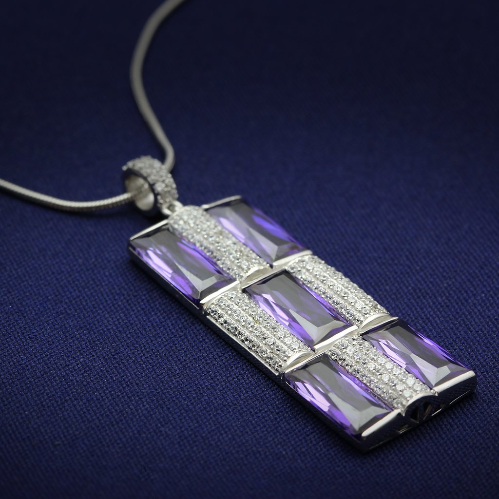 JCE026 Rhodium 925 Sterling Silver Chain Pendant with AAA Grade CZ in Amethyst