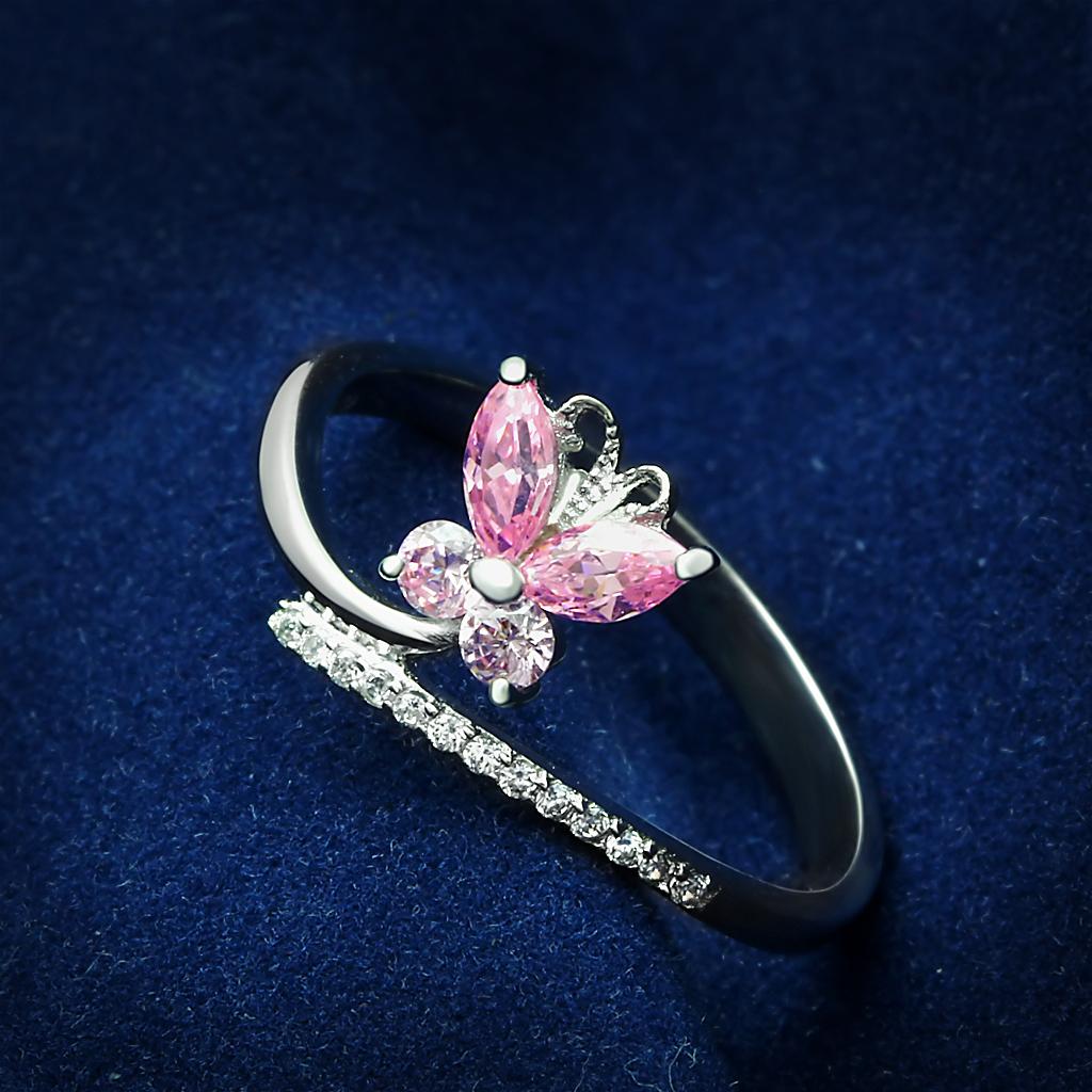 JCE042 Rhodium 925 Sterling Silver Ring with AAA Grade CZ in Light Rose
