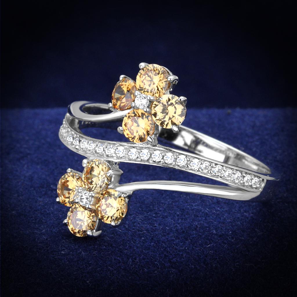 JCE181 Rhodium 925 Sterling Silver Ring with AAA Grade CZ  in Champagne