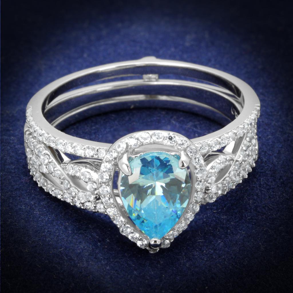 JCE453 Rhodium 925 Sterling Silver Ring with AAA Grade CZ in Sea Blue