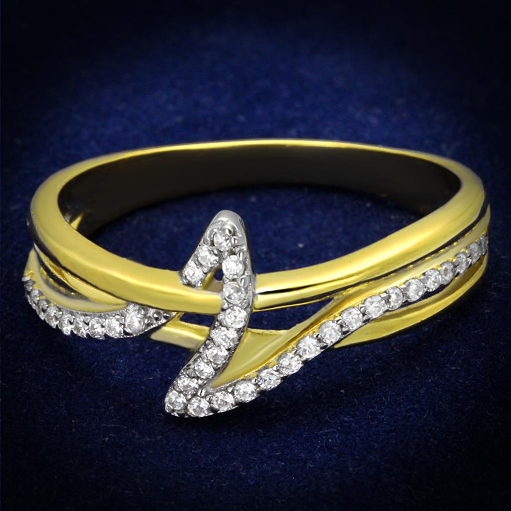 JCE461 Gold+Rhodium 925 Sterling Silver Ring with AAA Grade CZ in Clear