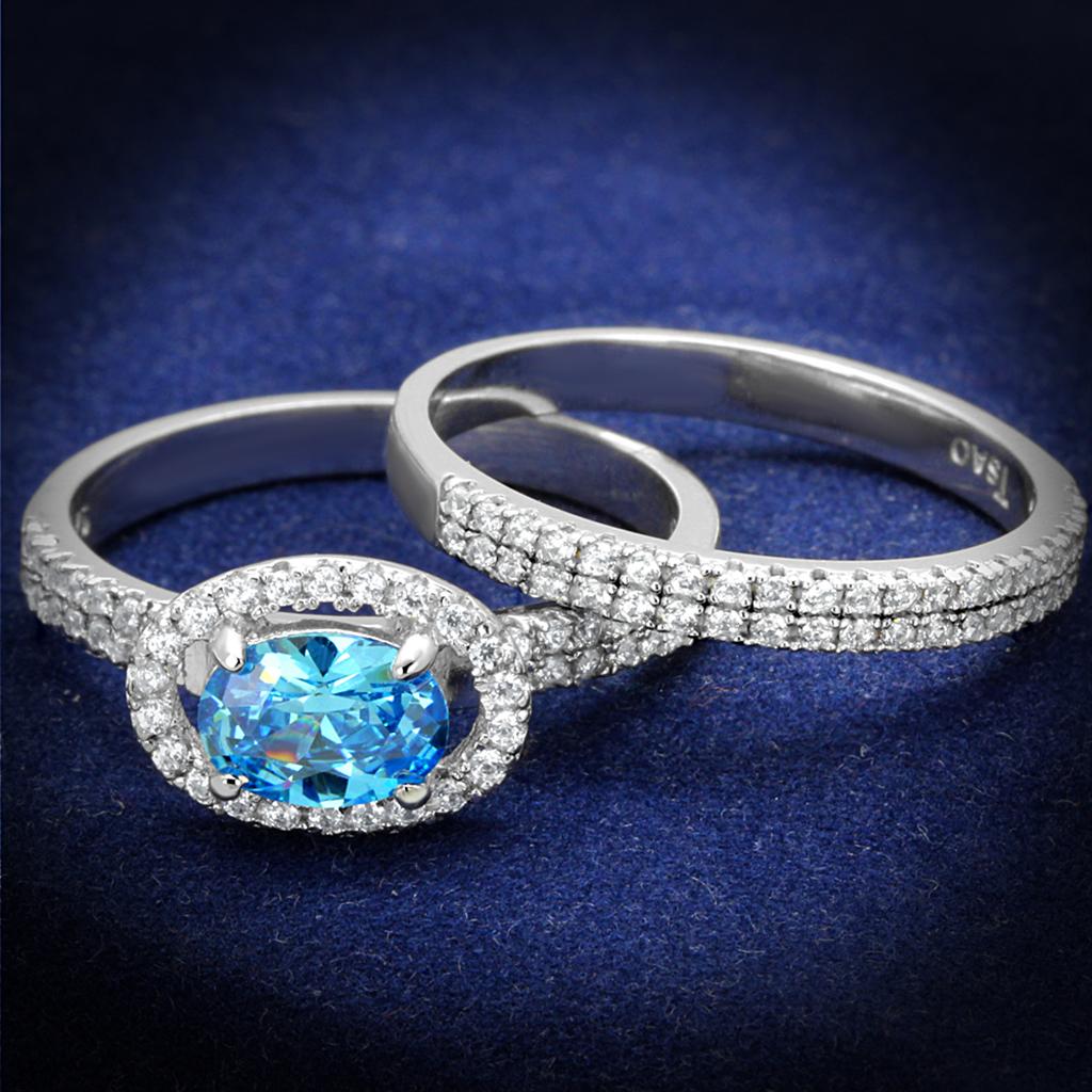 JCE490 Rhodium 925 Sterling Silver Ring with AAA Grade CZ in Sea Blue
